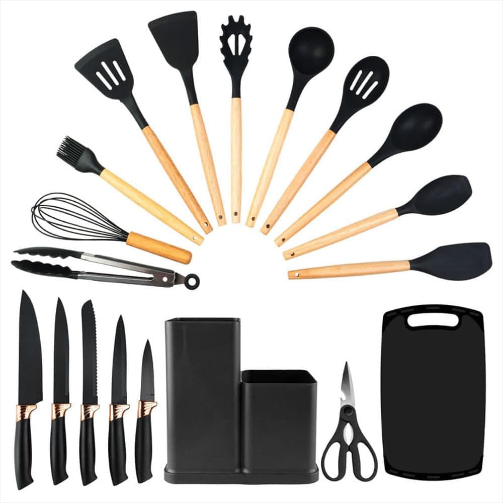 Juego De Cucharones Cocina, Cuchillos, Tabla, Tijera 21 Pzas Negro