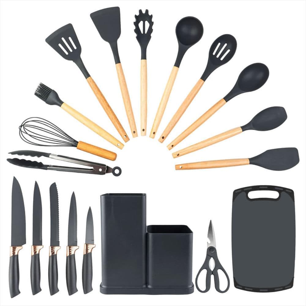 Juego De Cucharones Cocina, Cuchillos, Tabla, Tijera 21 Pzas Gris