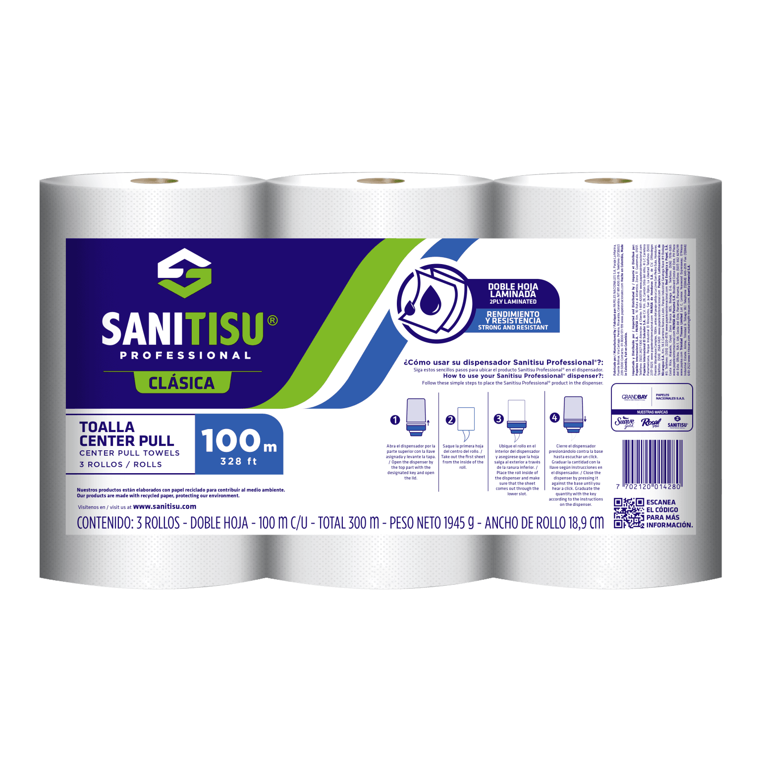 Toalla de Manos x 3 Rollos Blanco / Sanitisu Professional